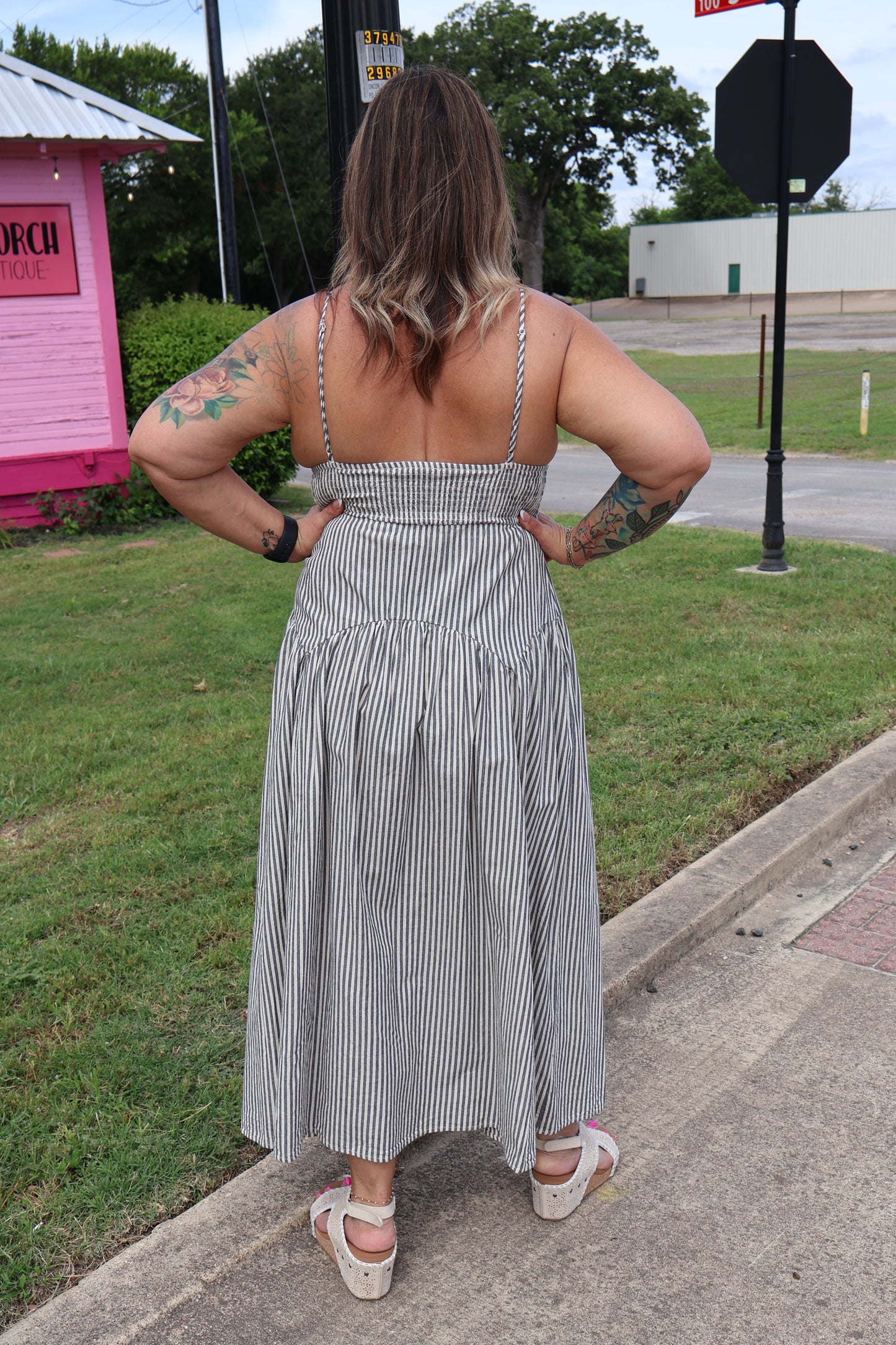 Navy Striped Midi Dress