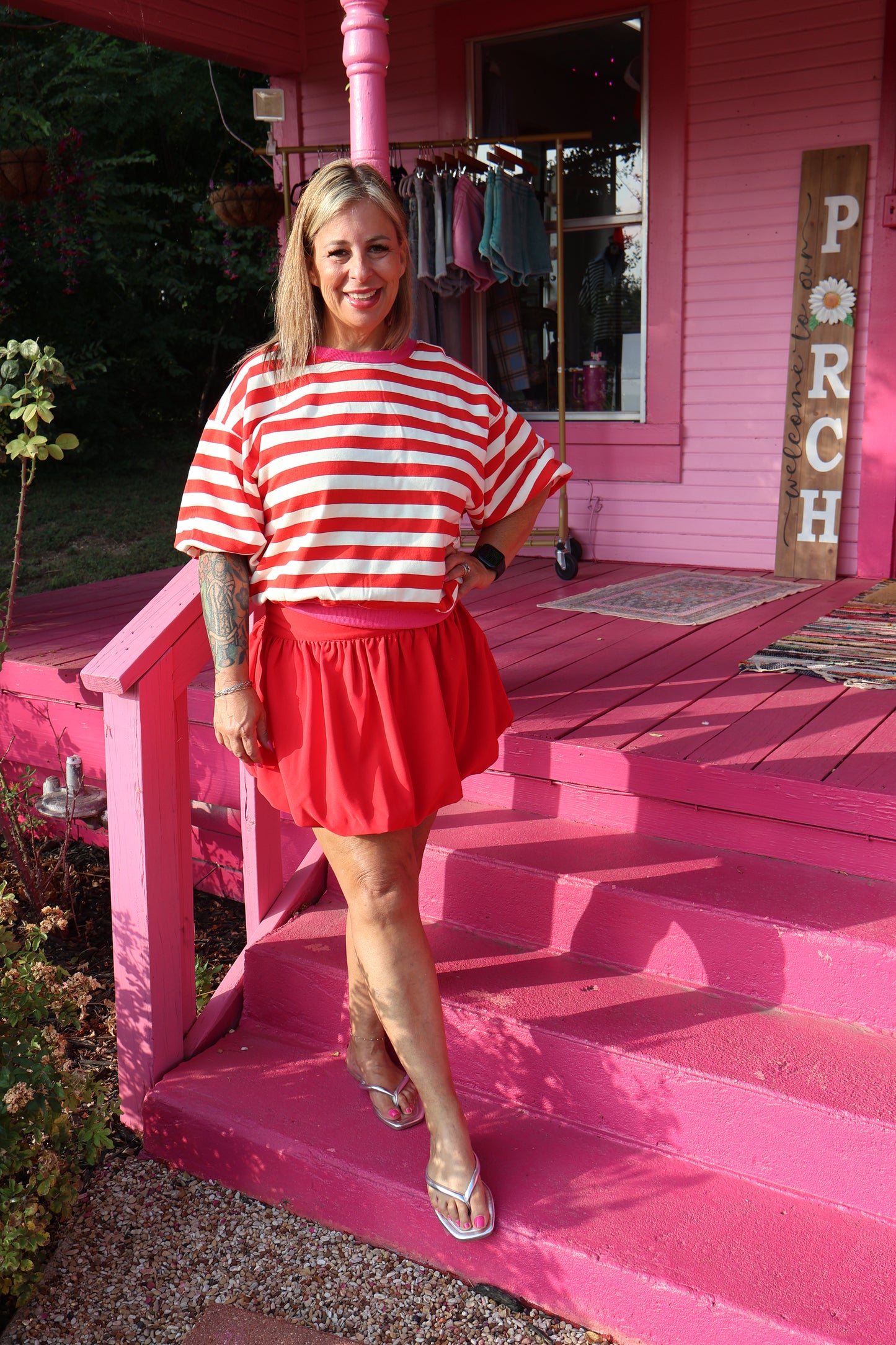 Red Stripe with Pink Trim Top