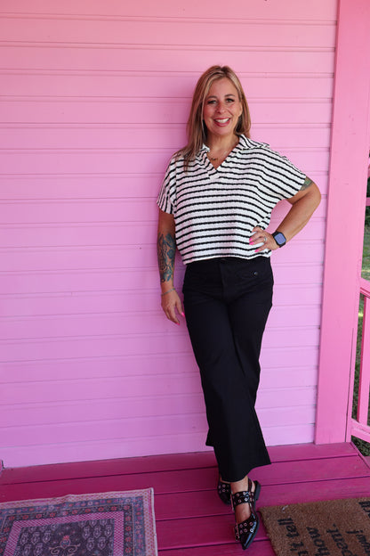 Black & Ivory Striped Collard Top
