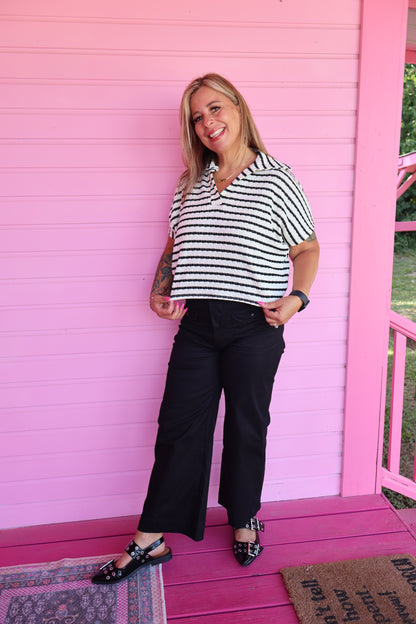 Black & Ivory Striped Collard Top