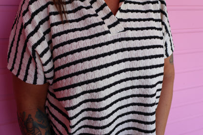 Black & Ivory Striped Collard Top